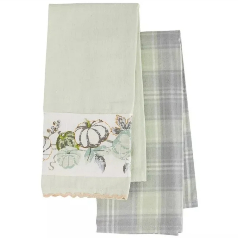 Maple Lane Pumpkin Harvest Plaid Kitchen Towel Set of 2 Celery/Plaid BNWT SO
